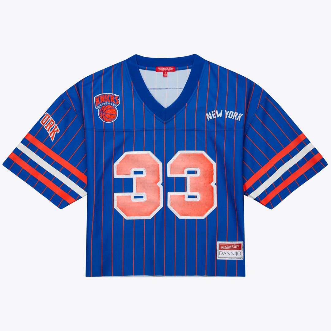 Patrick Ewing New York Knicks Mitchell & Ness x DANNIJO Women's Name & Number Cropped Football Jersey - Blue
