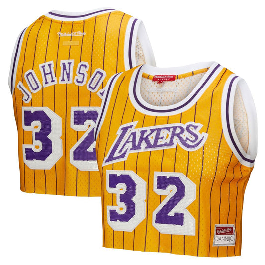Magic Johnson Los Angeles Lakers Mitchell & Ness x DANNIJO Women's Fashion Cropped Basketball Jersey - Yellow
