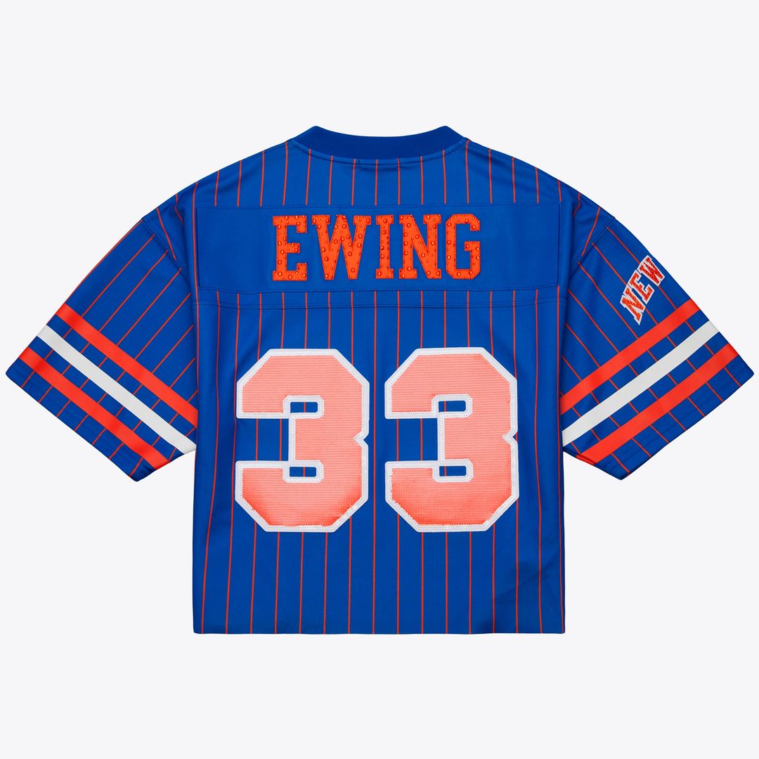 Patrick Ewing New York Knicks Mitchell & Ness x DANNIJO Women's Name & Number Cropped Football Jersey - Blue